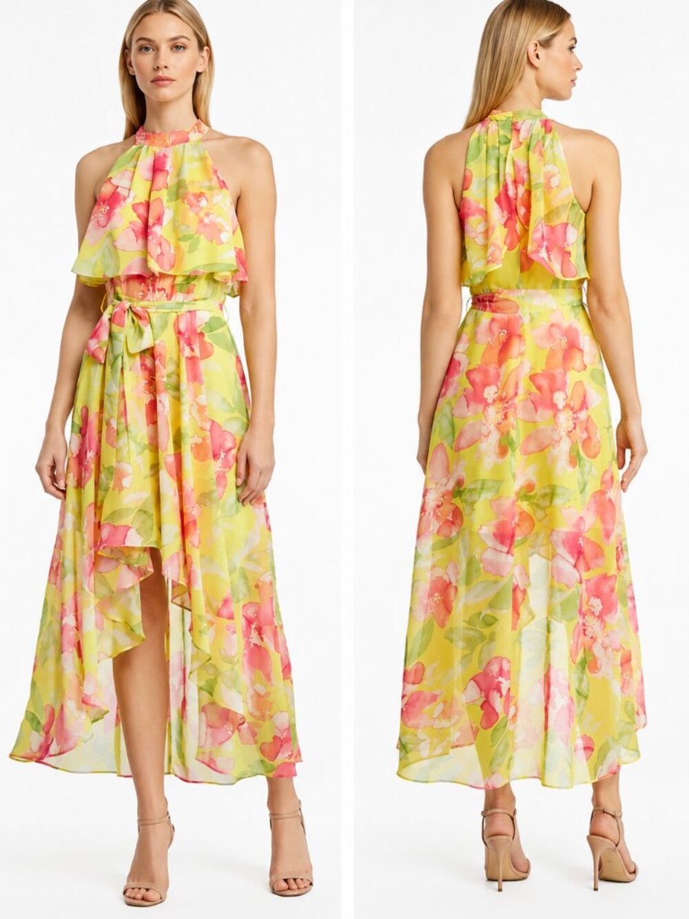 Eliza J Floral Halter High Low Chiffon Dress Yellow Size 8 NWT